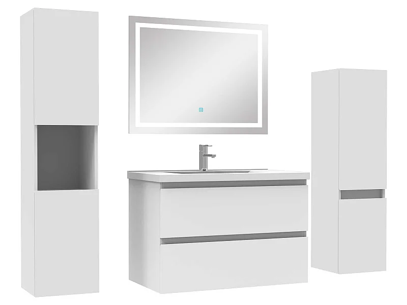 Ensemble meubles Salle de Bain 80cm vasque + colonne + miroir LED Blanc