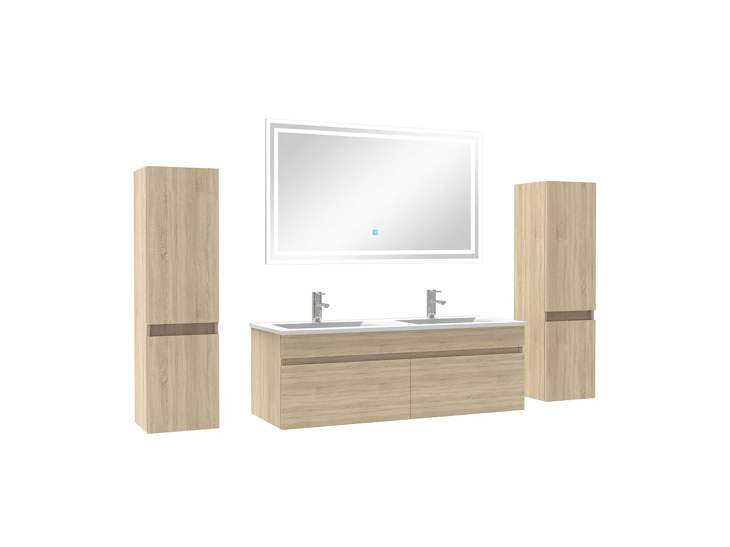 Ensemble meubles Salle de Bain double vasque 120cm, colonnex2 + miroir Chêne Wotan