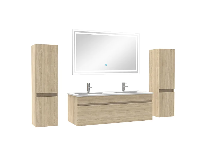 Ensemble meubles Salle de Bain double vasque 120cm, colonnex2 + miroir Chêne Wotan