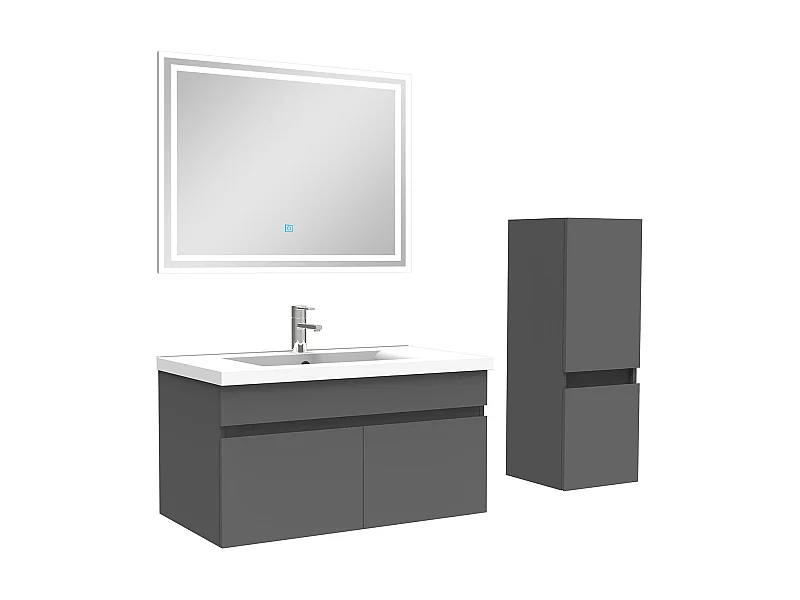 Ensemble Salle De Bain 80cm meuble Anthracite avec colonne et miroir lumineux, Aica