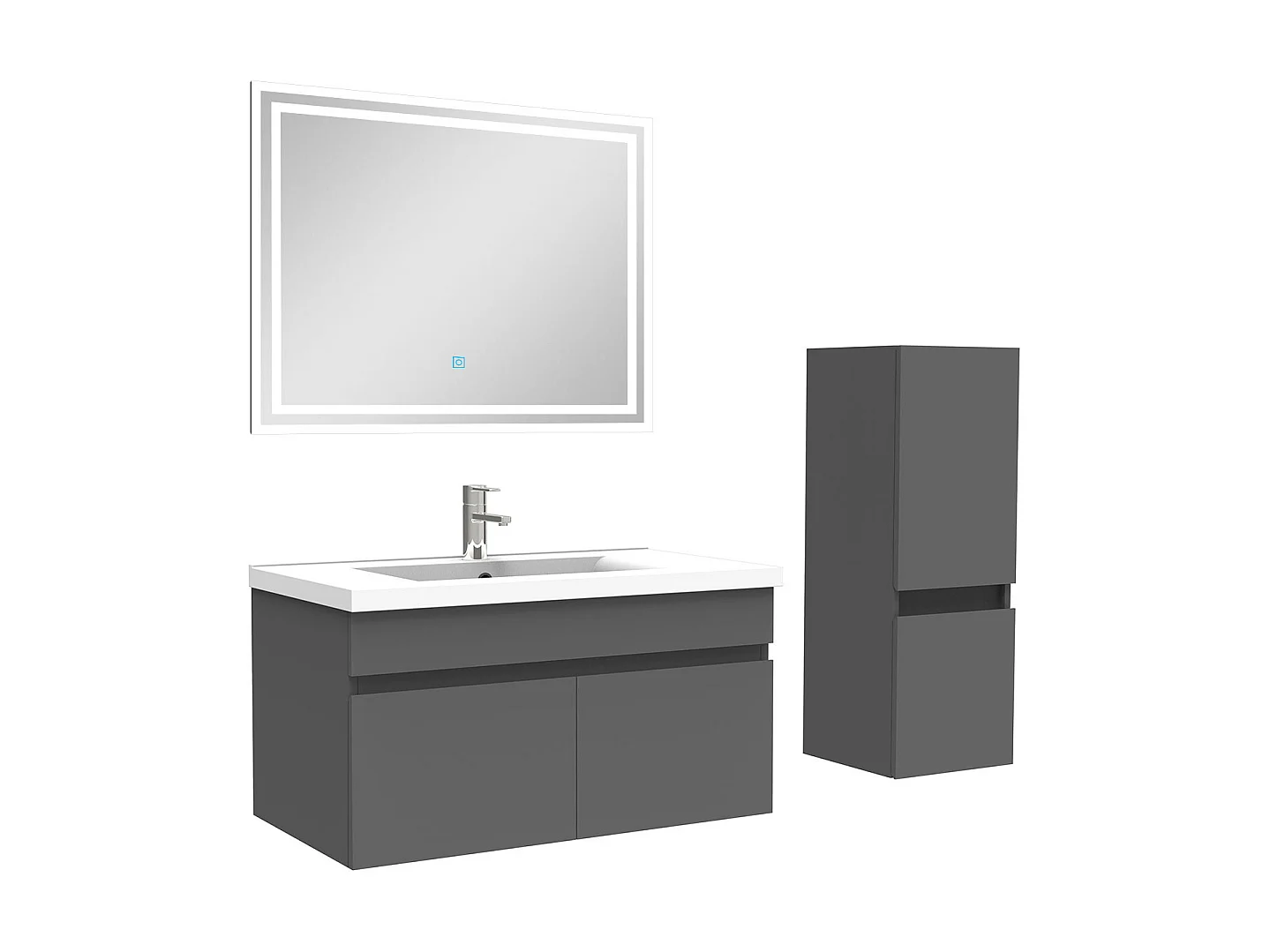 Ensemble Salle De Bain 80cm meuble Anthracite avec colonne et miroir lumineux, Aica
