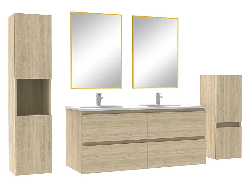 Ensemble meubles Salle de Bain 120cm double vasque + colonne + miroir mural Chêne Wotan