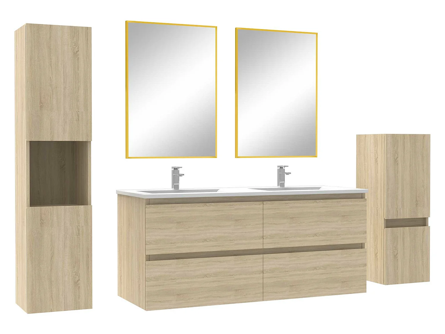 Ensemble meubles Salle de Bain 120cm double vasque + colonne + miroir mural Chêne Wotan