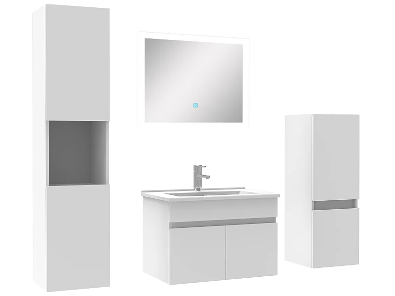 Ensemble meuble vasque 60cm et colonne de rangement et miroir lumineux Blanc