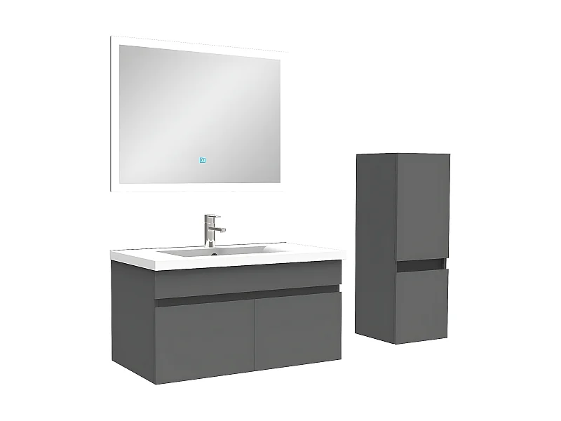 Ensemble Salle De Bain simple vasque 80cm meuble Anthracite avec colonne et miroir, Aica