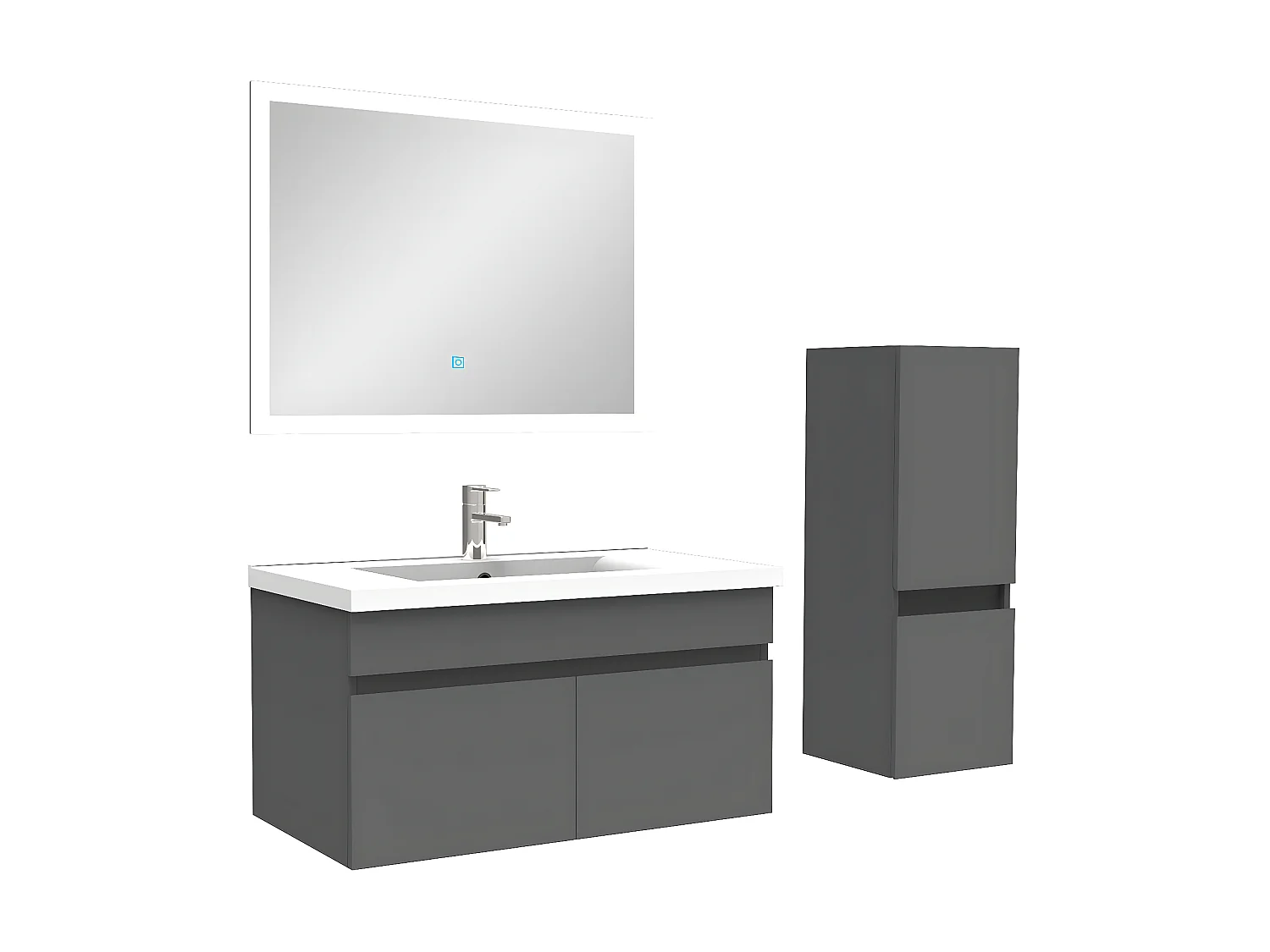 Ensemble Salle De Bain simple vasque 80cm meuble Anthracite avec colonne et miroir, Aica