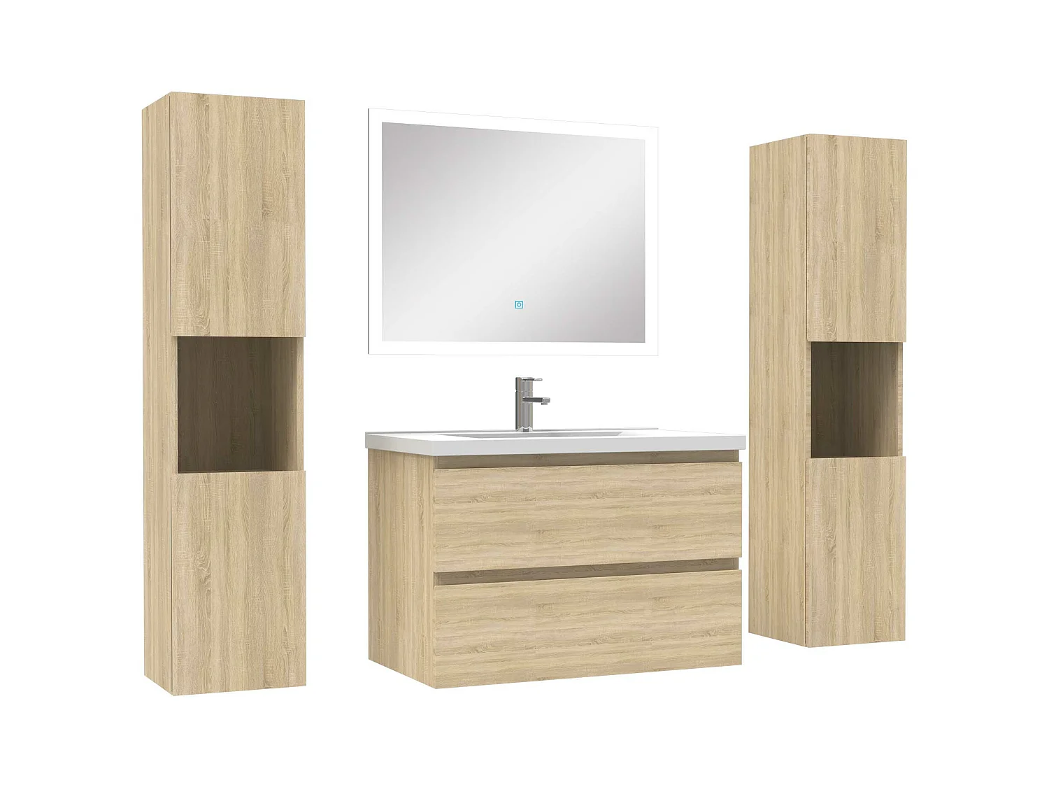 Ensemble meubles Salle de Bain 80cm vasque et colonnex2 et LED miroir Chêne Wotan