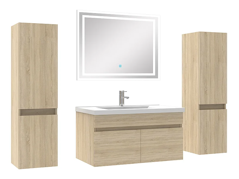 Ensemble meubles Salle de Bain simple vasque 80cm, colonnex2 + miroir Chêne Wotan