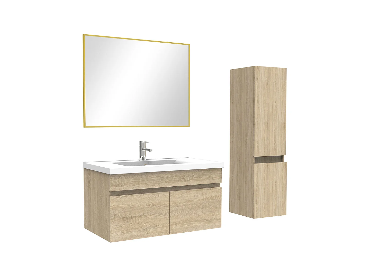 Ensemble Salle De Bain 80cm Chêne Wotan meuble et miroir et colonne et simple vasque, Aica