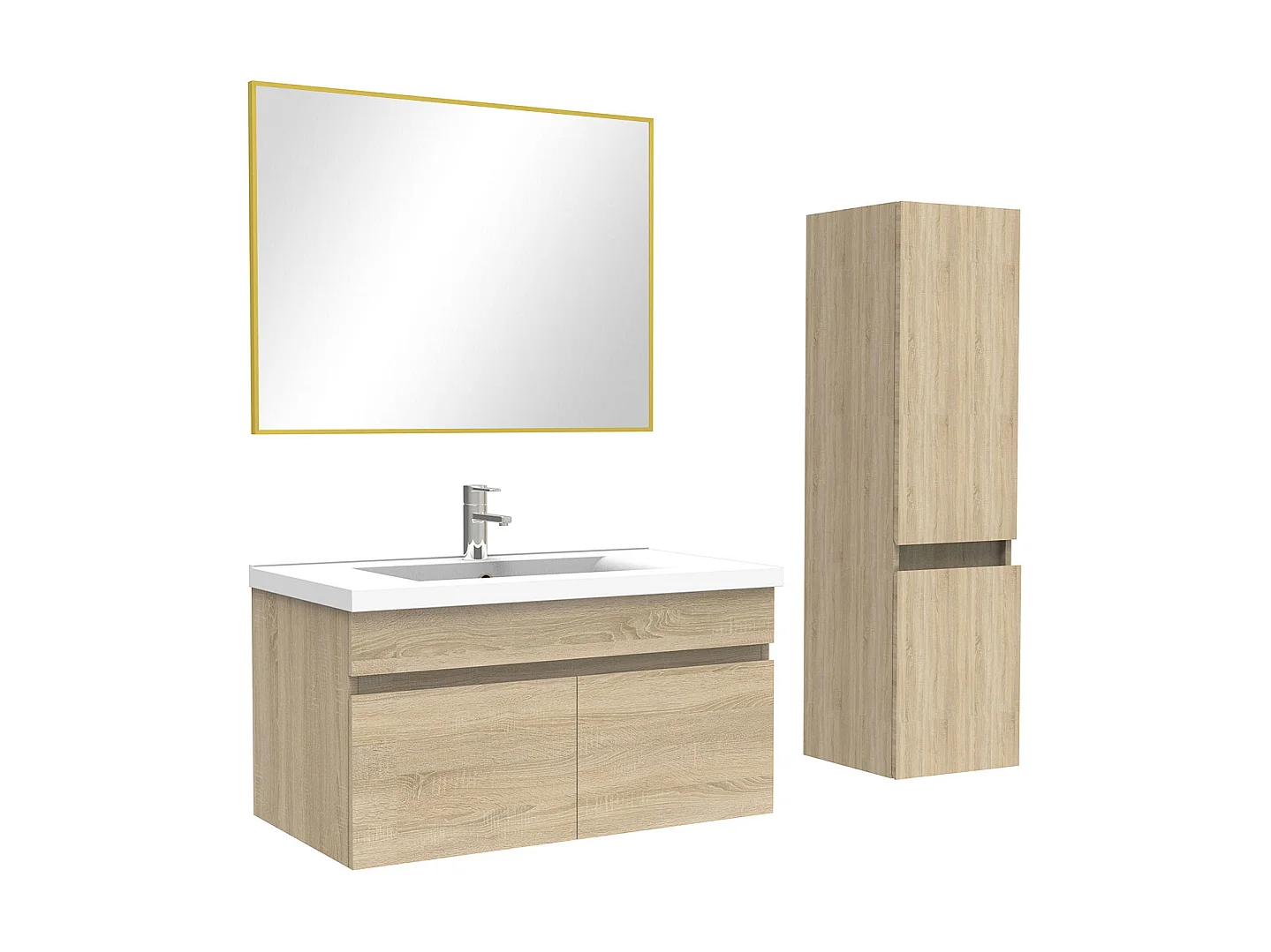 Ensemble Salle De Bain 80cm Chêne Wotan meuble et miroir et colonne et simple vasque, Aica