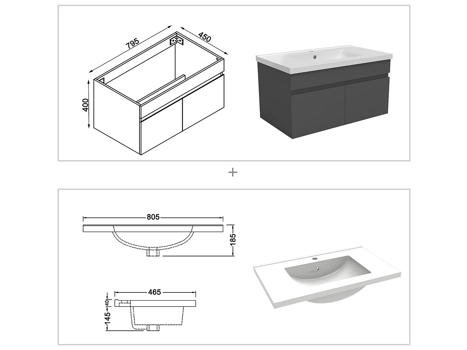 Meuble Salle de Bain avec colonne 80cm Anthracite avec vasque ceramique, Aica