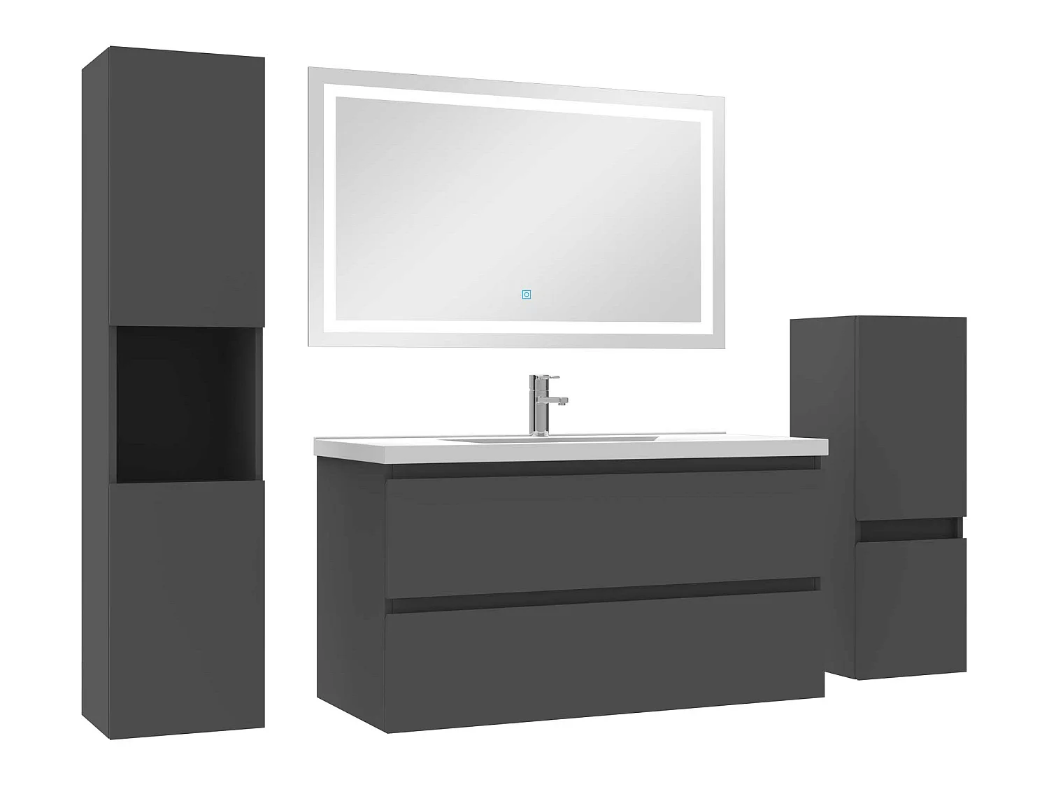 Ensemble meubles Salle de Bain 100cm simple vasque + colonne + miroir LED Anthracite