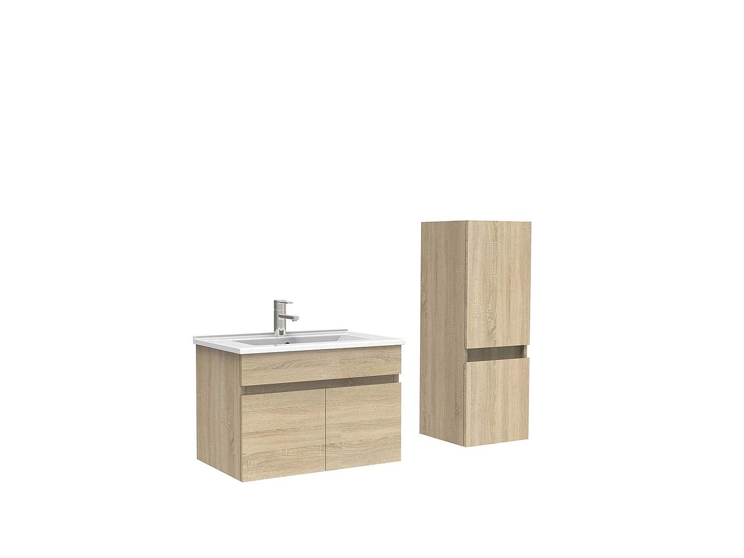 Meuble Salle de Bain 60cm Chêne Wotan avec colonne et vasque ceramique, Aica