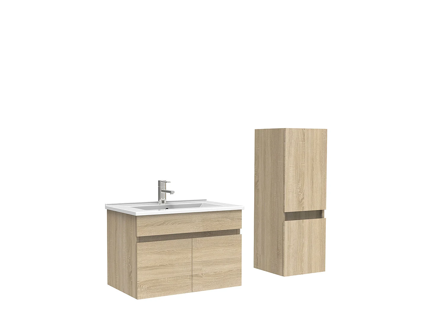 Meuble Salle de Bain 60cm Chêne Wotan avec colonne et vasque ceramique, Aica