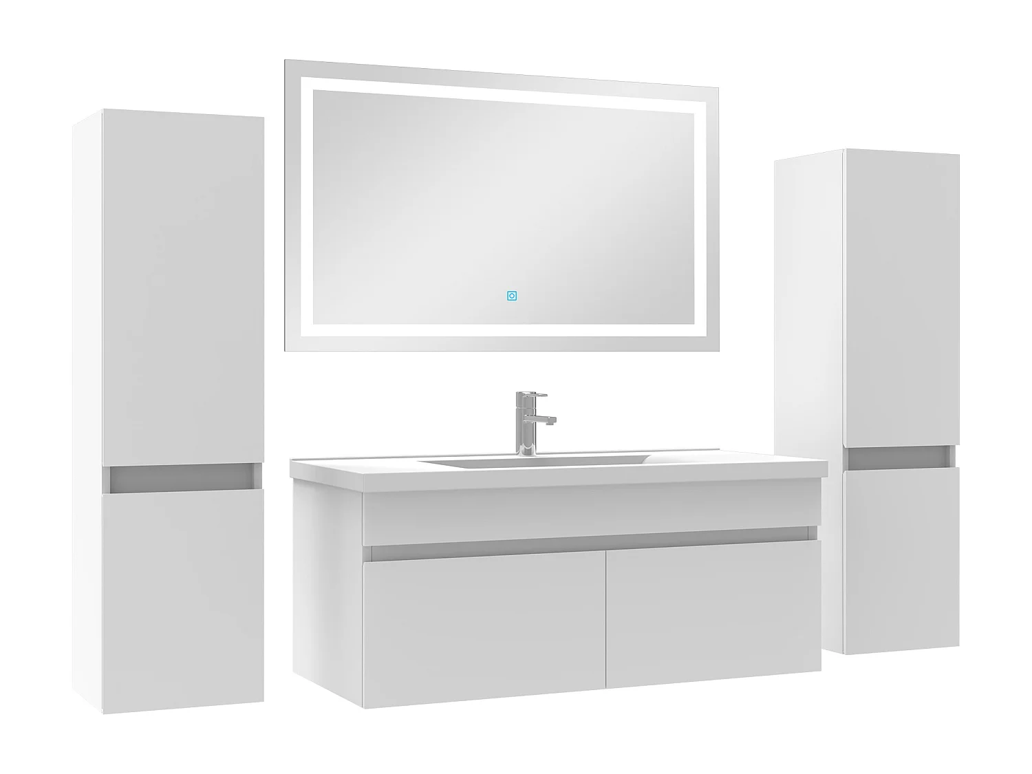 Meuble Salle de Bain 100cm vasque + colonne + miroir lumineux Blanc