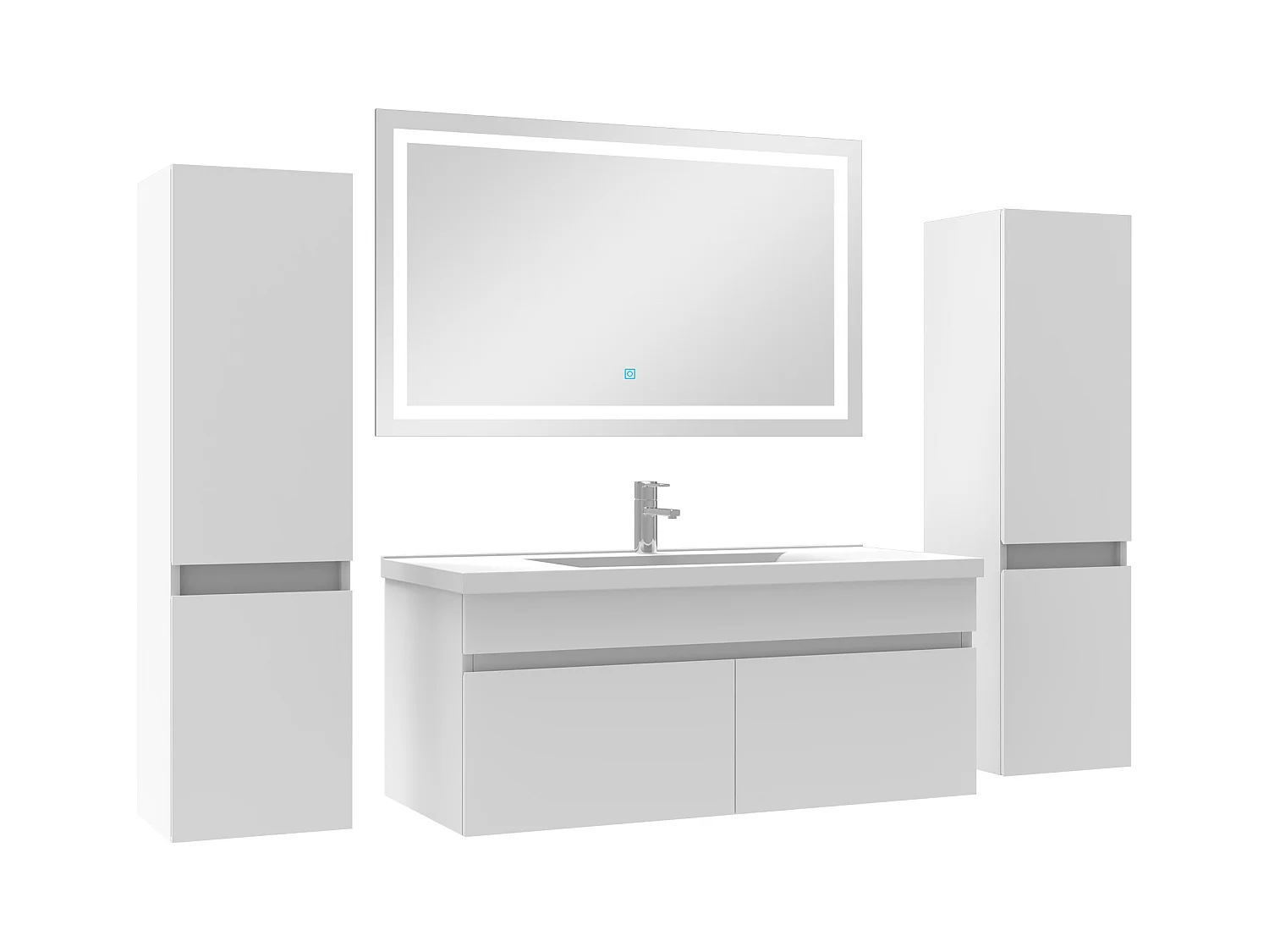 Meuble Salle de Bain 100cm vasque + colonne + miroir lumineux Blanc