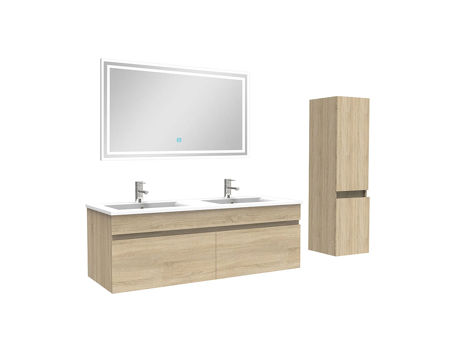 Meuble Salle de Bain 120cm Chêne Wotan avec colonne et miroir lumineux, Aica
