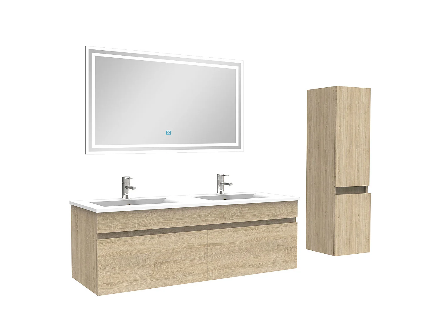 Meuble Salle de Bain 120cm Chêne Wotan avec colonne et miroir lumineux, Aica