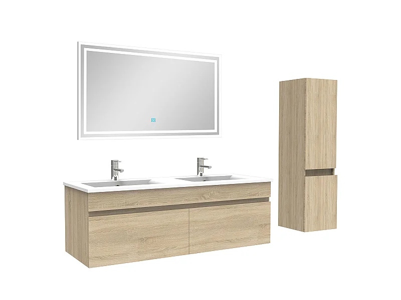 Meuble Salle de Bain 120cm Chêne Wotan avec colonne et miroir lumineux, Aica