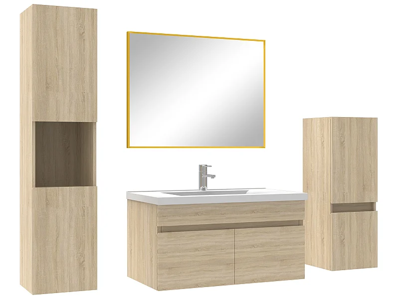 Ensemble meubles Salle de Bain 80cm avec colonne + miroir mural Chêne Wotan