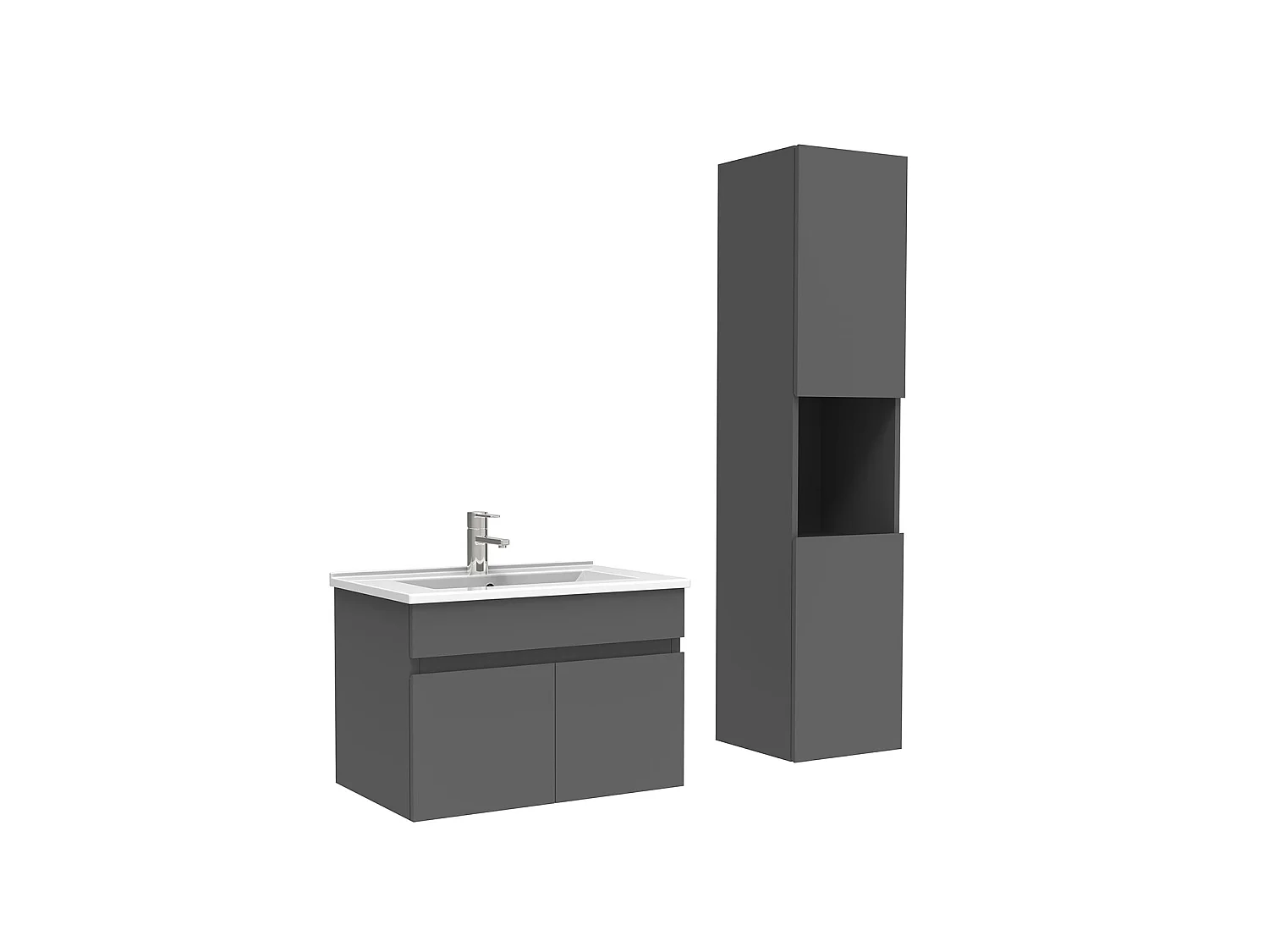 Meuble Salle de Bain avec colonne et vasque ceramique 60cm Anthracite, Aica