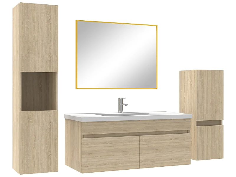 Ensemble meubles Salle de Bain 100cm avec colonne + miroir mural Chêne Wotan