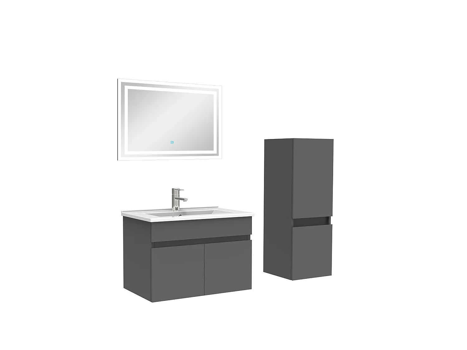 Ensemble Salle De Bain 60cm meuble Anthracite avec colonne et miroir lumineux, Aica