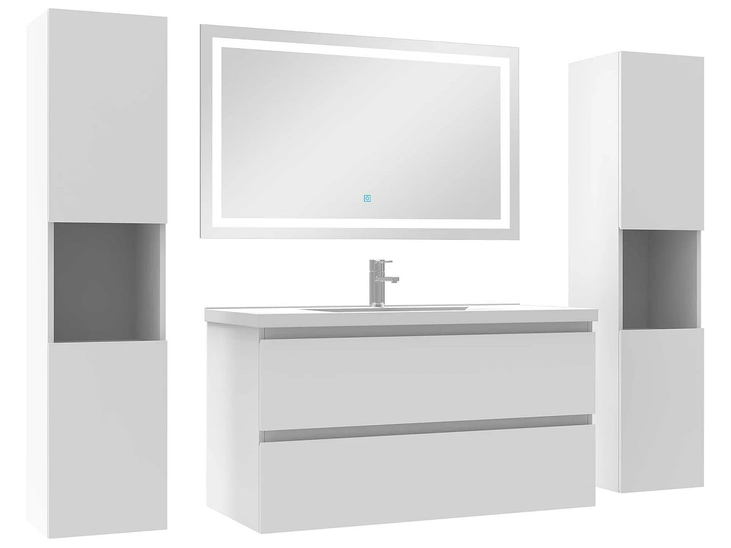 Ensemble meubles Salle de Bain 100cm vasque + colonne + miroir lumineux Blanc