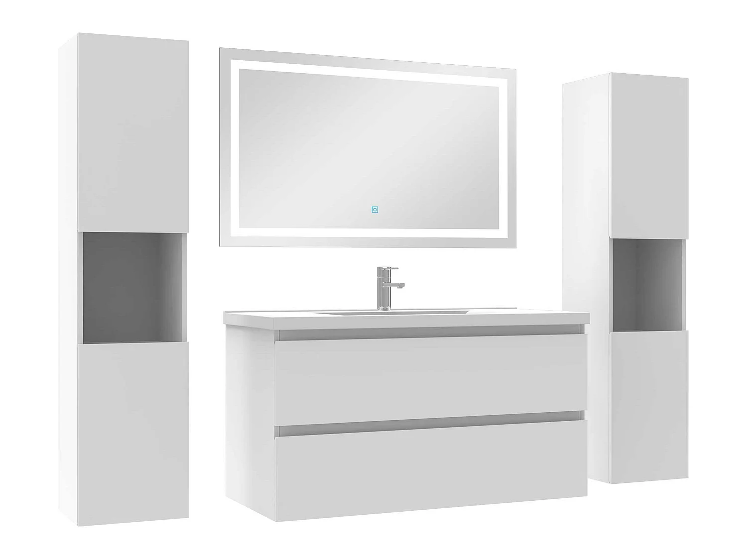 Ensemble meubles Salle de Bain 100cm vasque + colonne + miroir lumineux Blanc