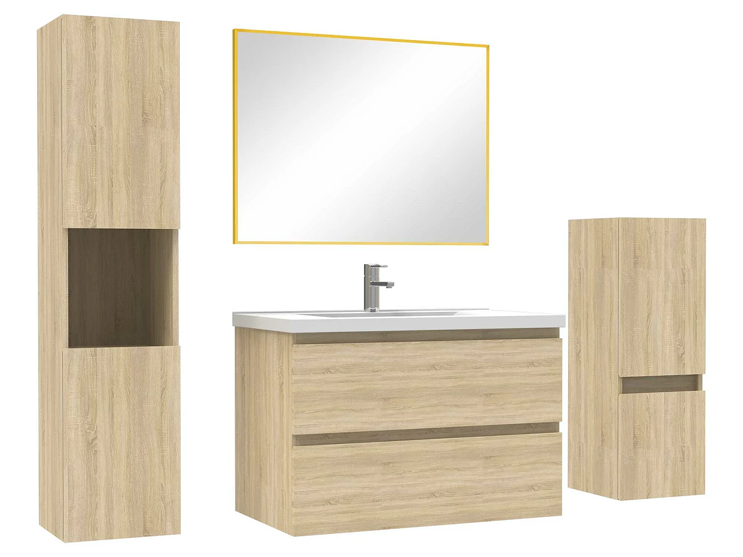 Ensemble meubles Salle de Bain 80cm simple vasque + colonne + miroir mural Chêne Wotan