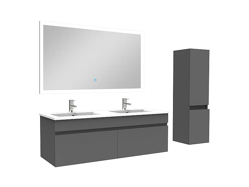 Ensemble Salle De Bain double vasque avec colonne et miroir 120cm meuble Anthracite, Aica