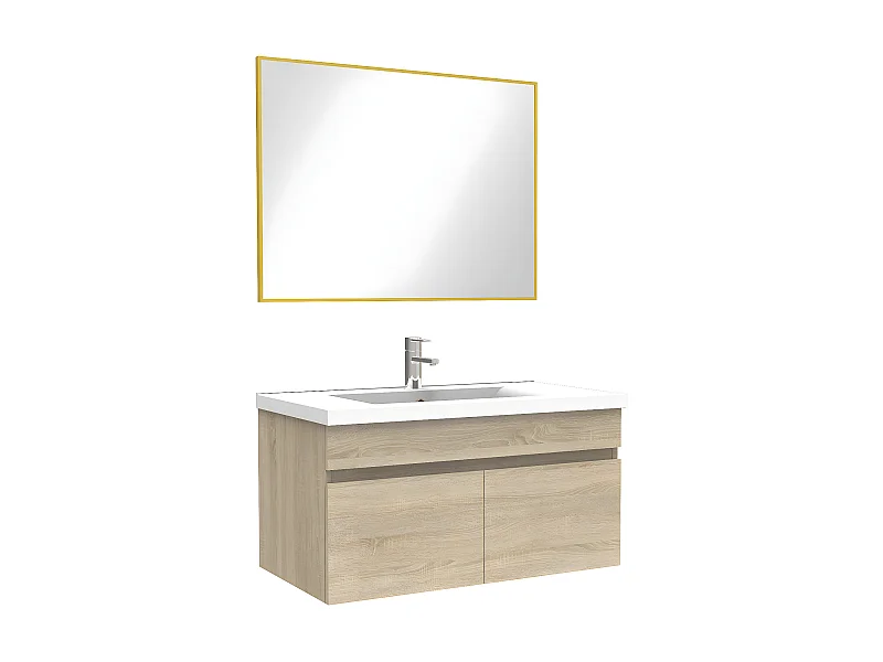 Meuble salle de bain simple vasque 80cm meuble + miroir Chêne Wotan, Aica