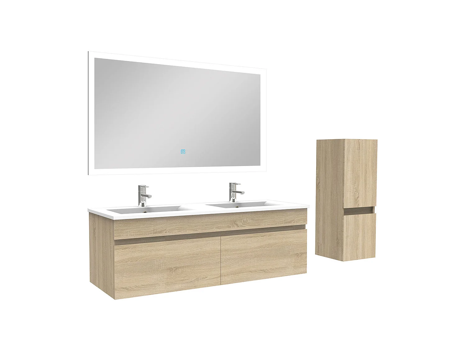Ensemble Salle De Bain double vasque 120cm meuble Chêne Wotan avec colonne et miroir, Aica