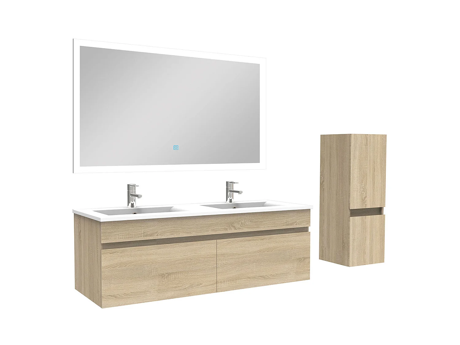Ensemble Salle De Bain double vasque 120cm meuble Chêne Wotan avec colonne et miroir, Aica