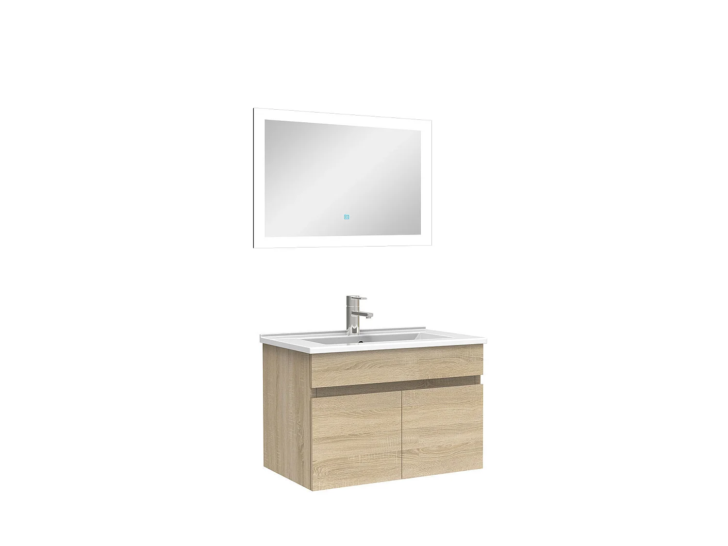 Ensemble Salle De Bain simple vasque 60cm meuble Chêne Wotan avec miroir lumineux, Aica