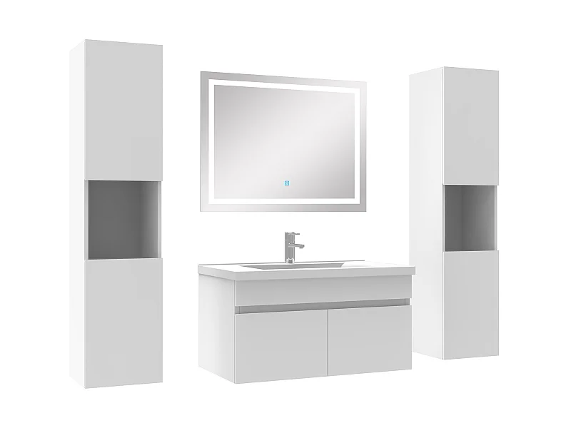 Ensemble meubles Salle de Bain 80cm vasque + colonnex2 + miroir lumineux Blanc