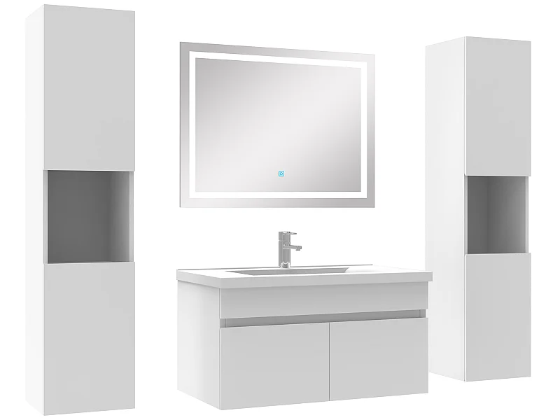Ensemble meubles Salle de Bain 80cm vasque + colonnex2 + miroir lumineux Blanc