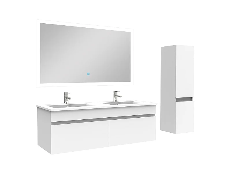 Ensemble Salle De Bain double vasque avec colonne et miroir 120cm meuble blanc, Aica