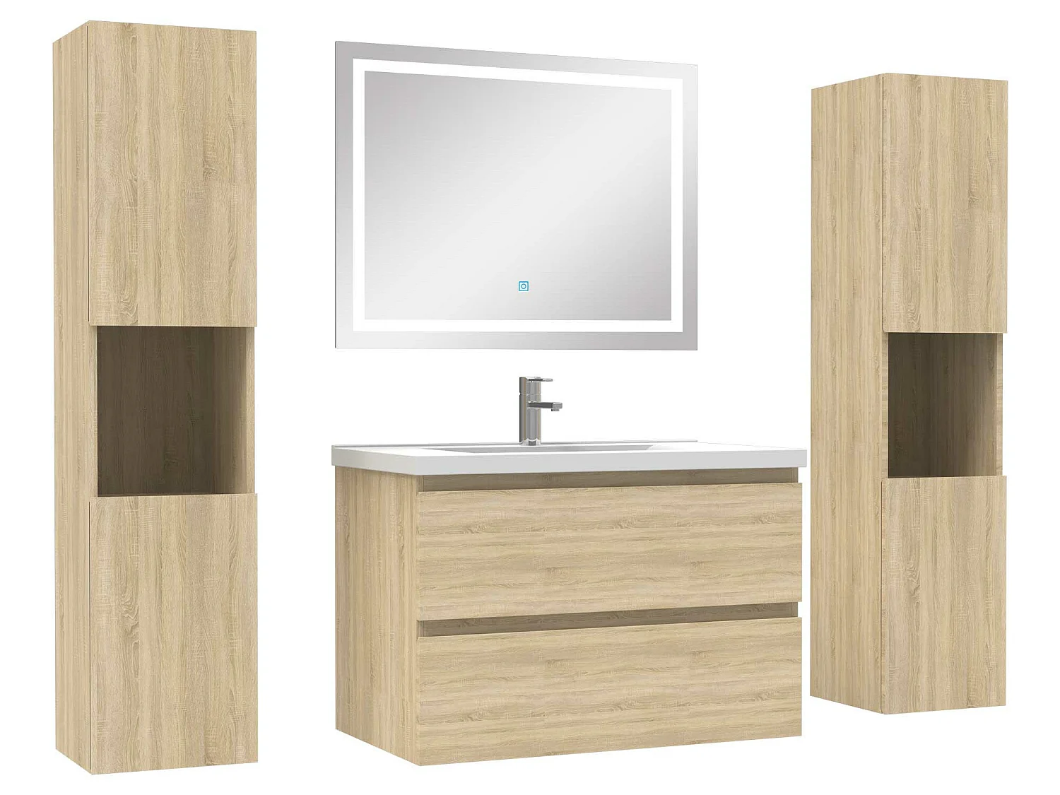 Ensemble meubles Salle de Bain 80cm vasque + colonne + miroir lumineux Chêne Wotan
