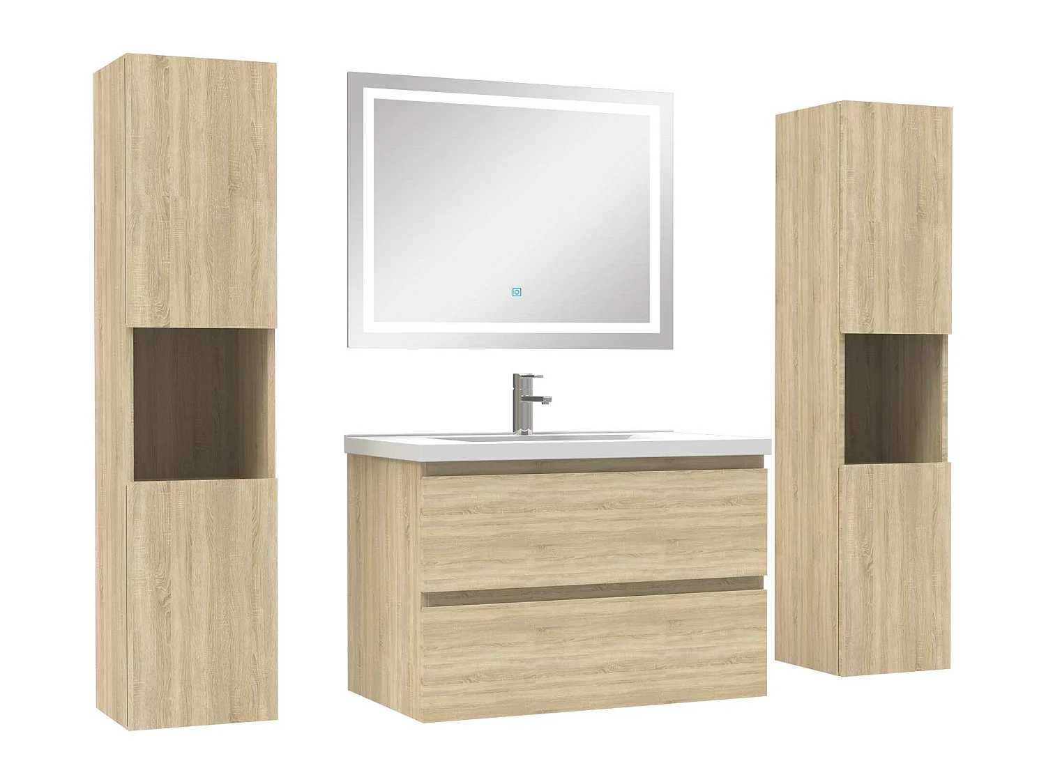 Ensemble meubles Salle de Bain 80cm vasque + colonne + miroir lumineux Chêne Wotan