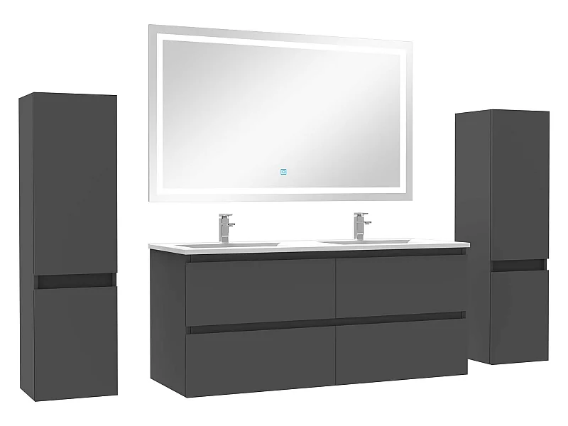 Ensemble meubles Salle de Bain 120cm double vasque + colonne + miroir lumineux Anthracite