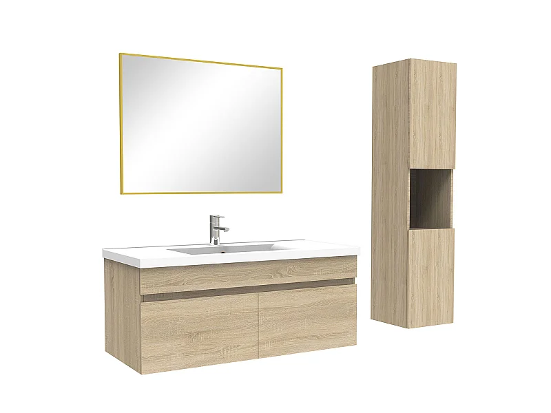 Ensemble meuble et vasque et colonne et miroir 100cm meuble salle de bain Chêne Wotan,Aica