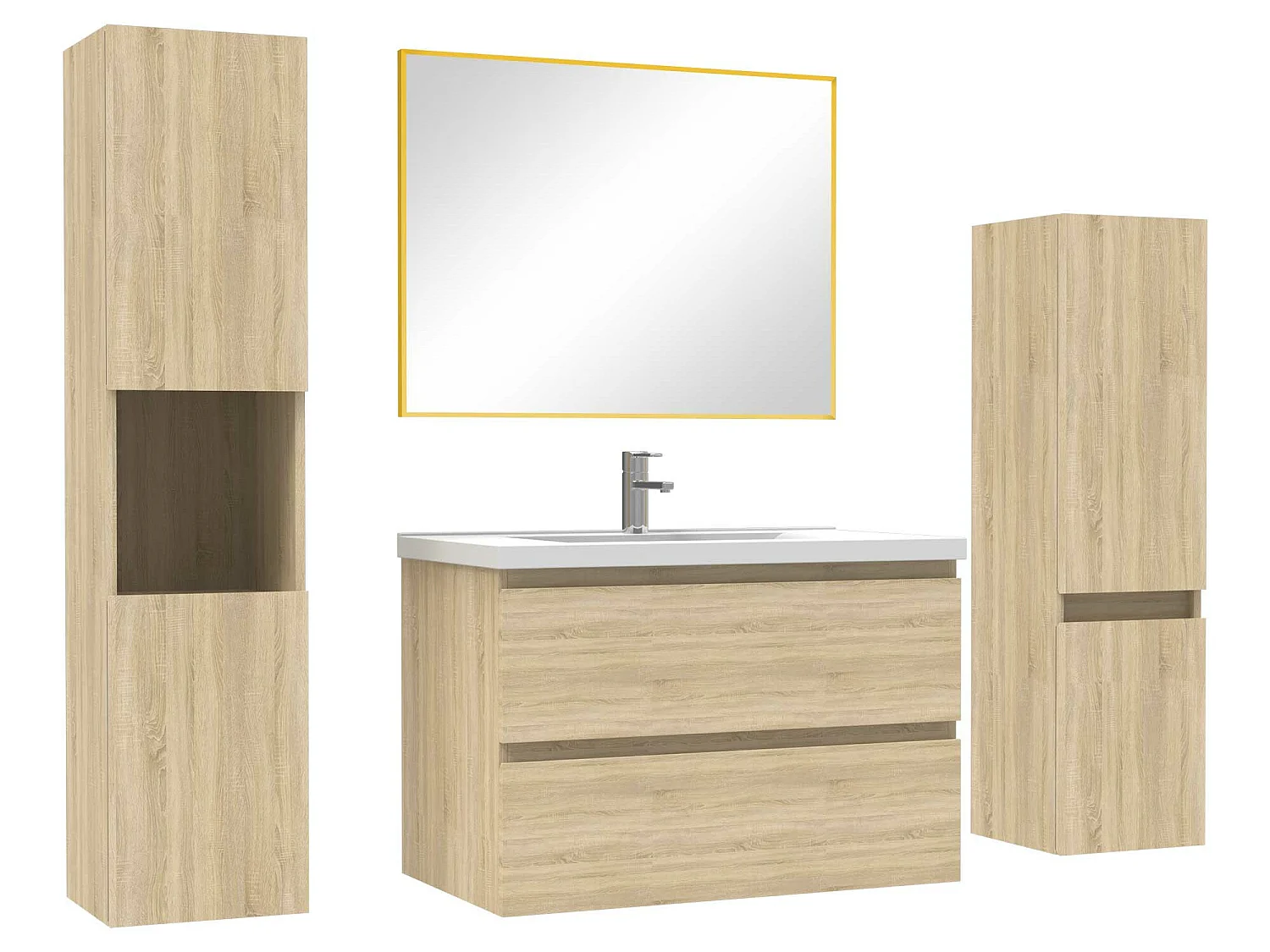 Ensemble meubles Salle de Bain 80cm vasque + colonne + miroir mural Chêne Wotan