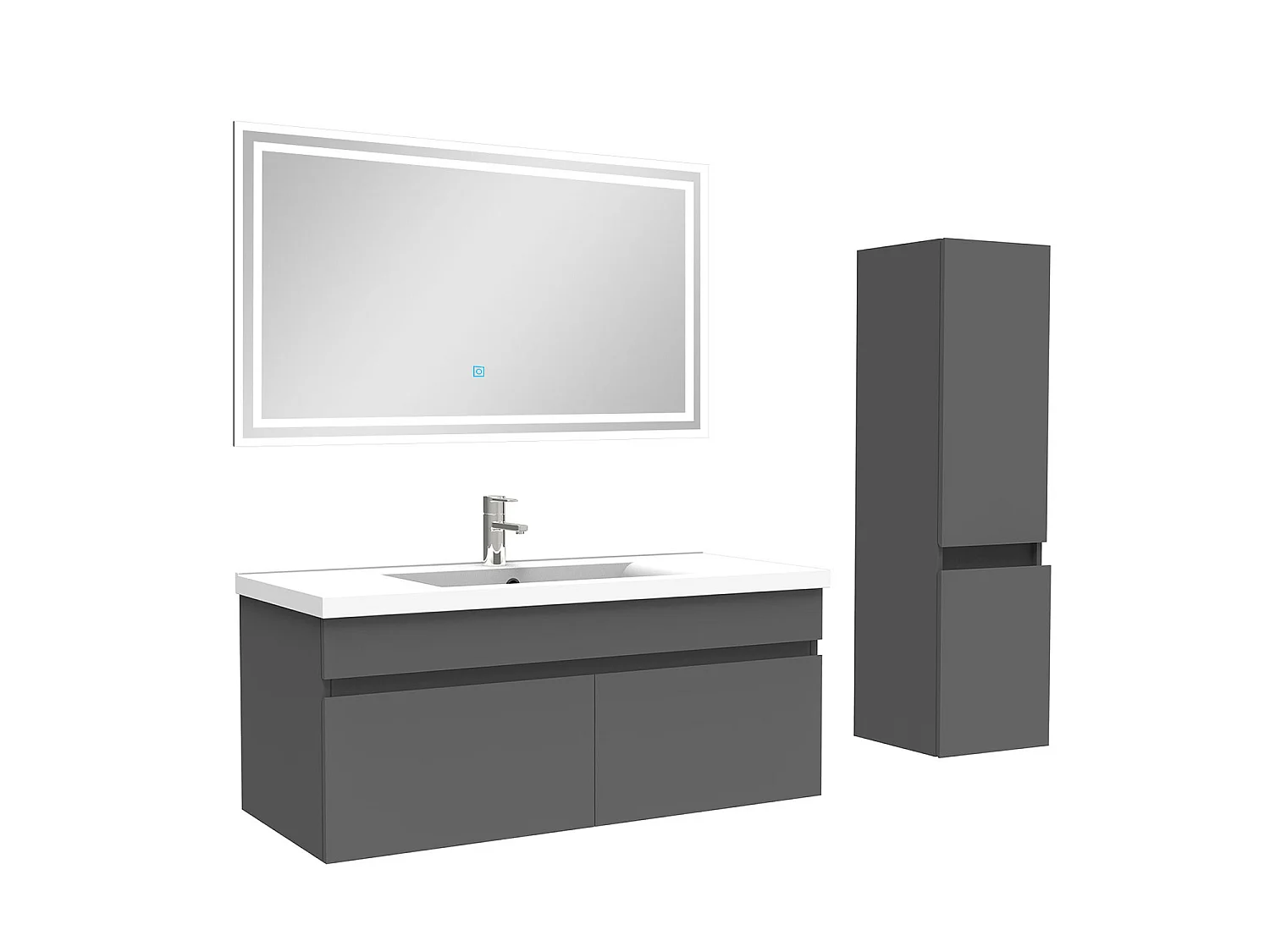 Meuble Salle de Bain 100cm Anthracite avec colonne et miroir lumineux, Aica