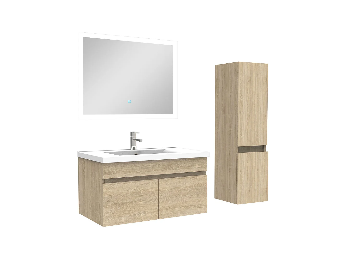 Ensemble Salle De Bain simple vasque avec colonne et miroir 80cm meuble Chêne Wotan, Aica