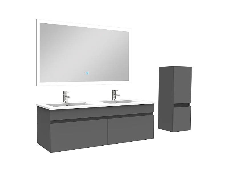 Ensemble Salle De Bain double vasque 120cm meuble Anthracite avec colonne et miroir, Aica