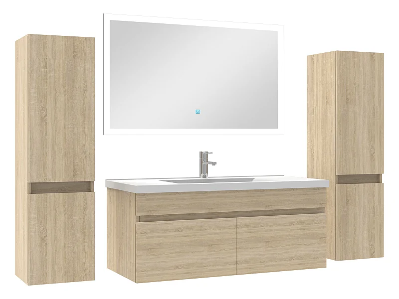 Ensemble meuble simple vasque L.100cm avec colonne + miroir Chêne Wotan