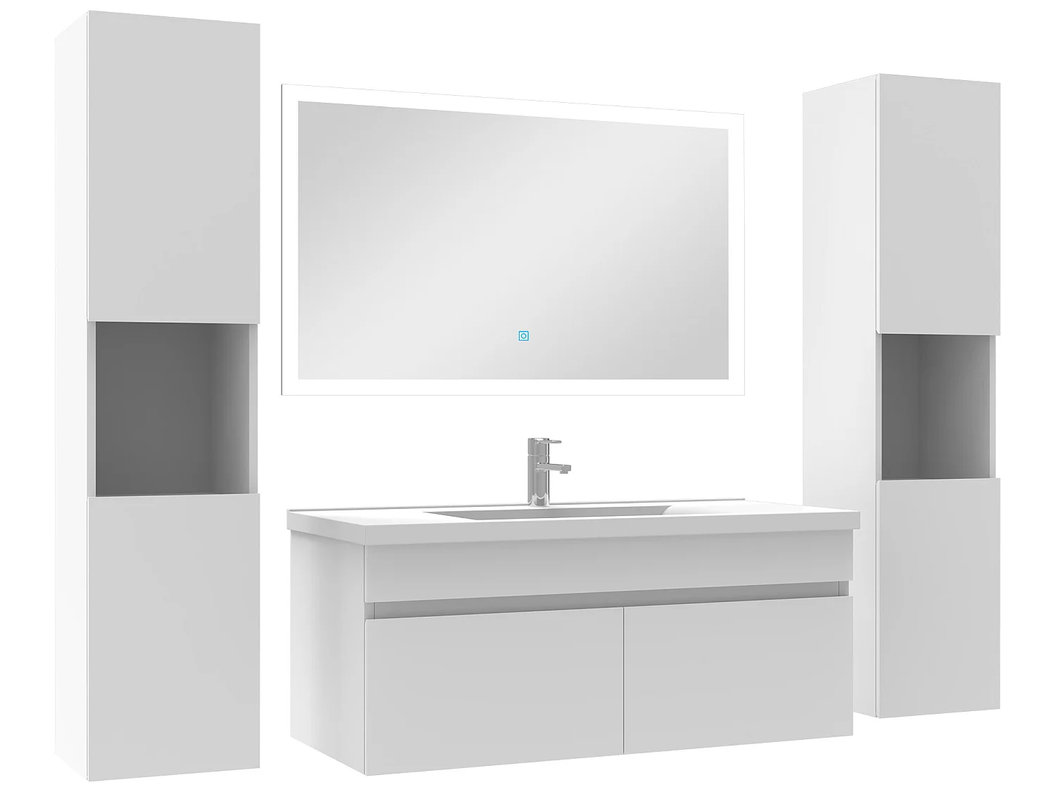 Ensemble meuble de salle de bain 100cm simple vasque + colonne de rangement + miroir lumineux Blanc