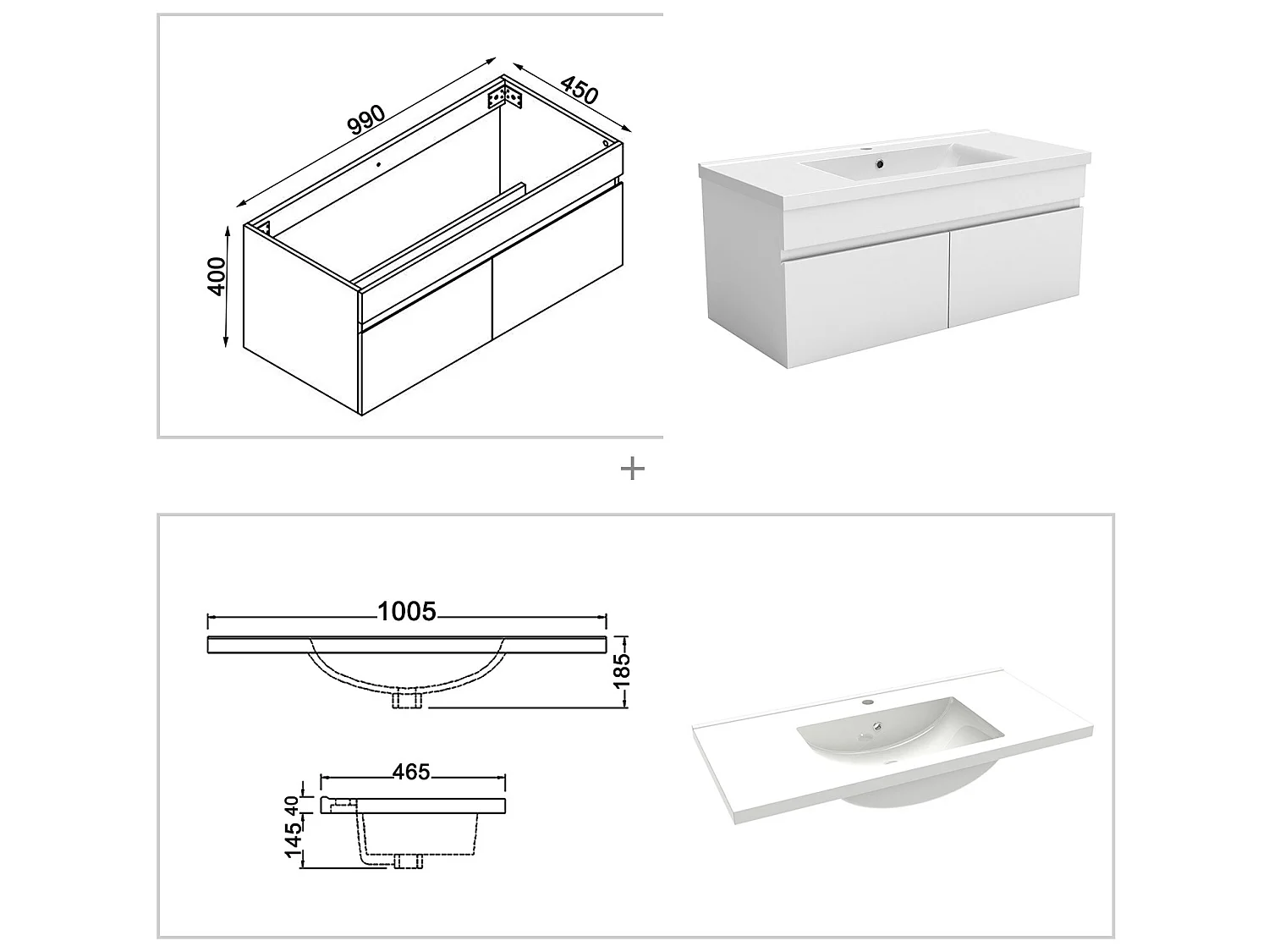Ensemble meuble de salle de bain 100cm simple vasque + colonne de rangement + miroir lumineux Blanc