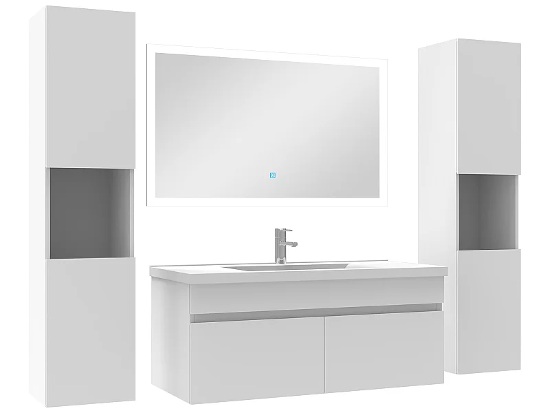 Ensemble meuble de salle de bain 100cm simple vasque + colonne de rangement + miroir lumineux Blanc